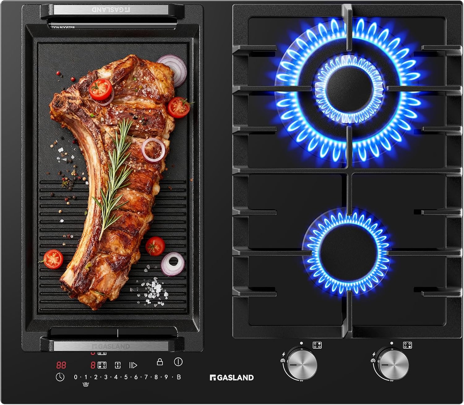 GASLAND GIH604BF Placa Mixta de Gas e Inducción 60 cm, Gas 5200 W con quemador wok, Inducción 3500 W con función Barbacoa, Cristal negro integrable (Sin sartén)